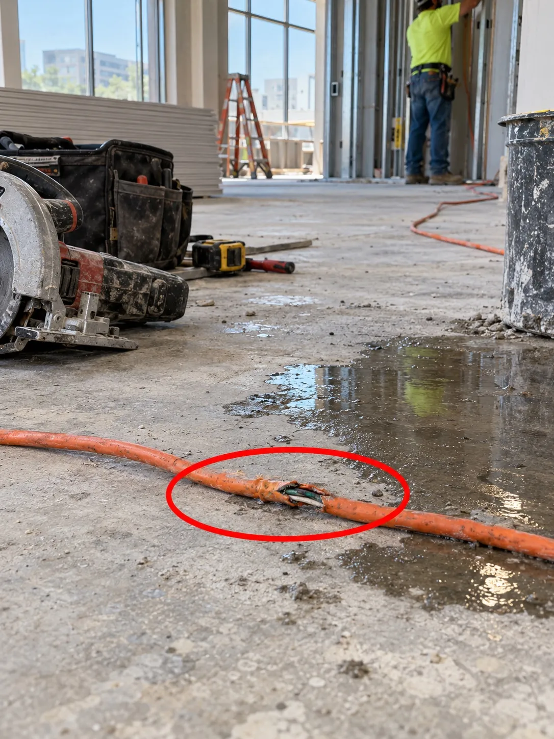 Site photo circled in red: damaged extension cord with exposed conductors on wet floor.