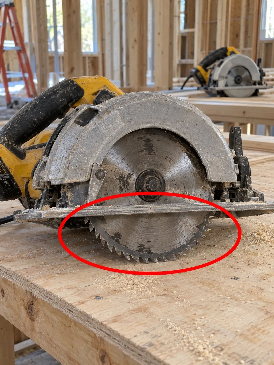 Site photo circled in red: portable circular saw lower blade guard not visible with teeth exposed below base plate.