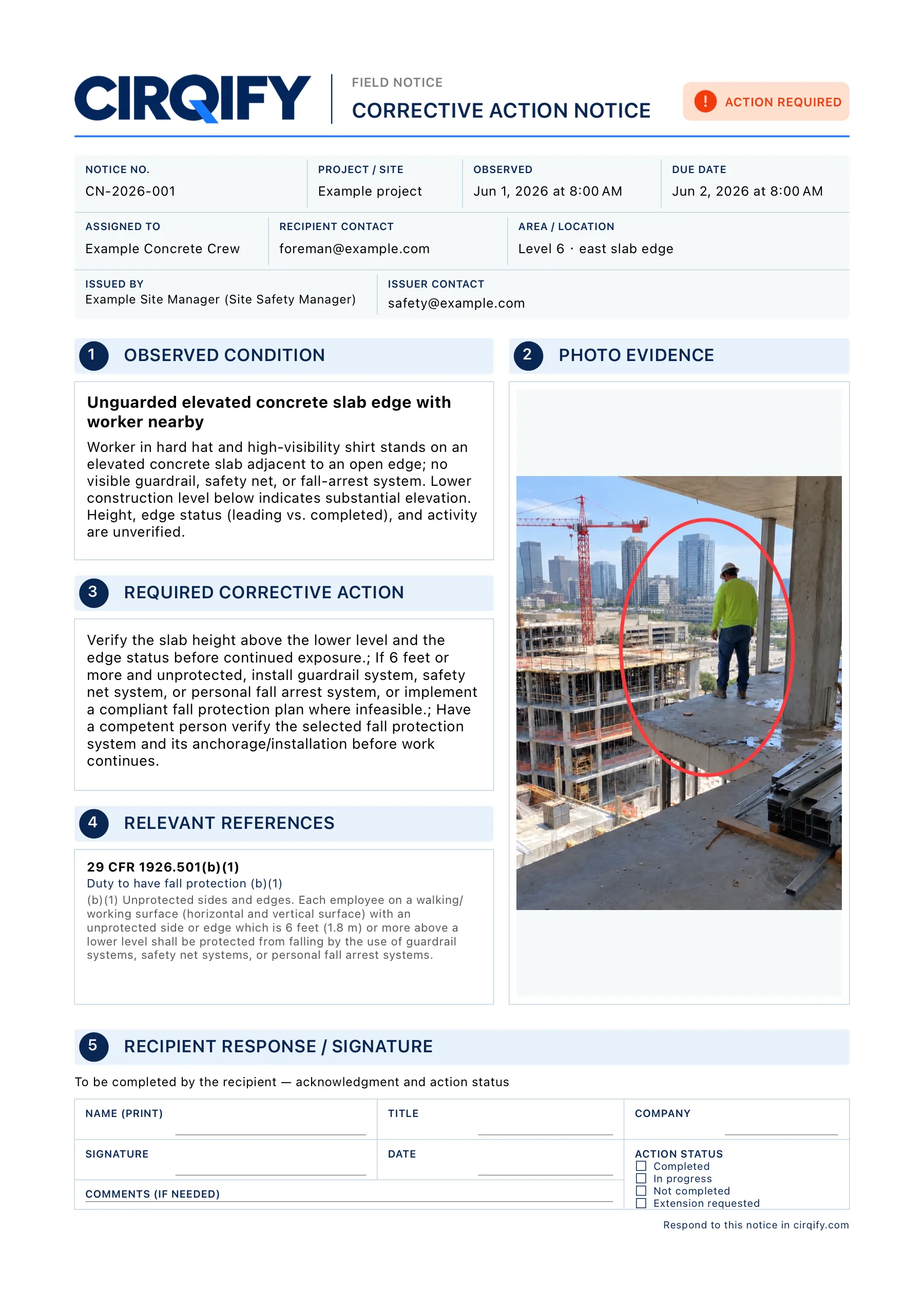Example Cirqify corrective action notice for an unguarded elevated slab edge.