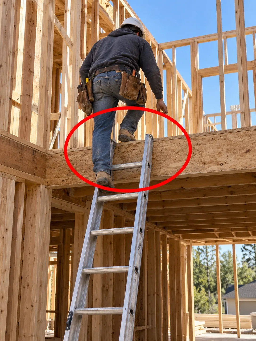 Site photo circled in red: extension ladder access at upper landing without visible rail extension or fall protection.