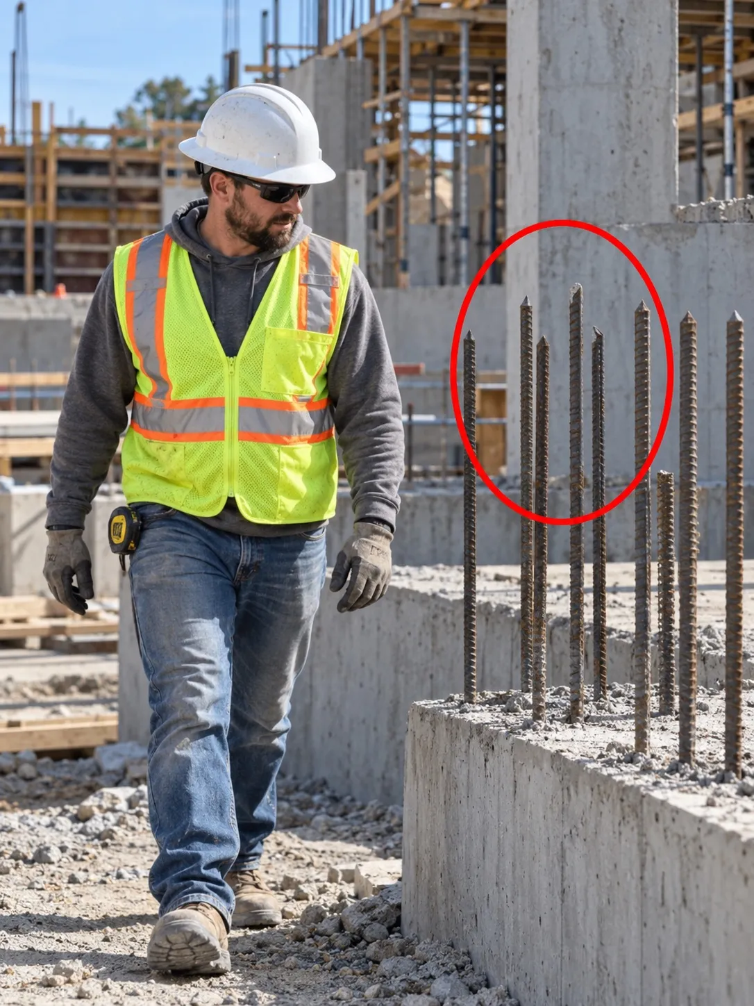 Site photo circled in red: unguarded protruding rebar near worker walkway.