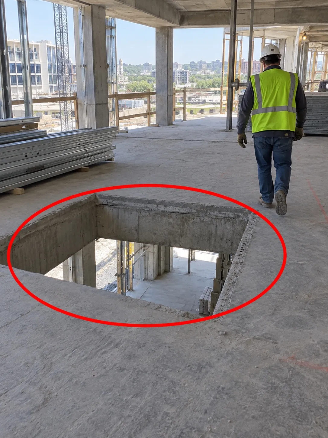 Site photo circled in red: unguarded floor opening in concrete slab with drop to lower level.